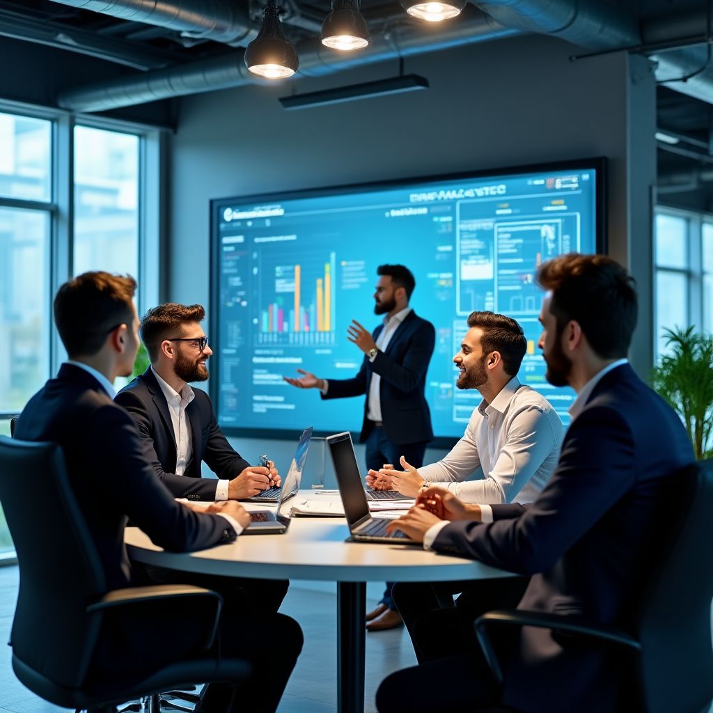 Biotech startup team discussing business strategy